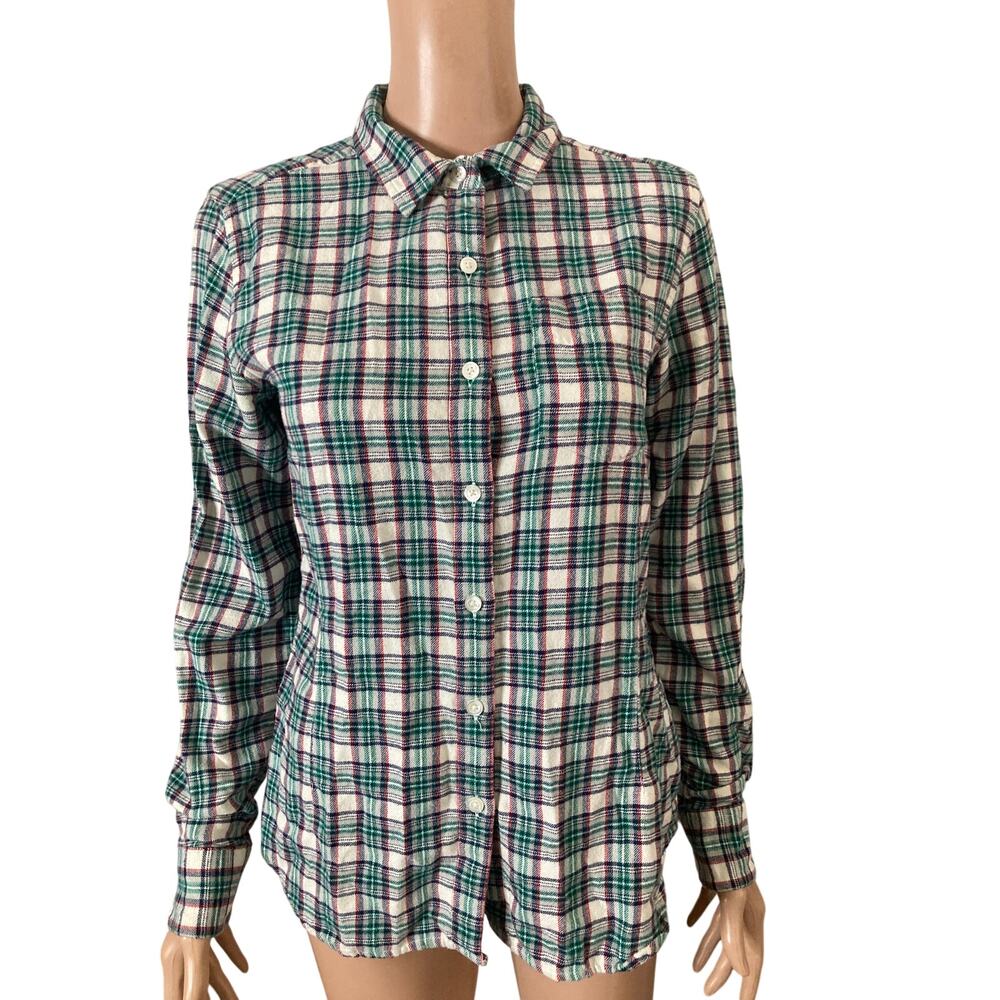 Burton Womens Med Plaid Flannel Shirt Green Blue Red White Cotton Button Front